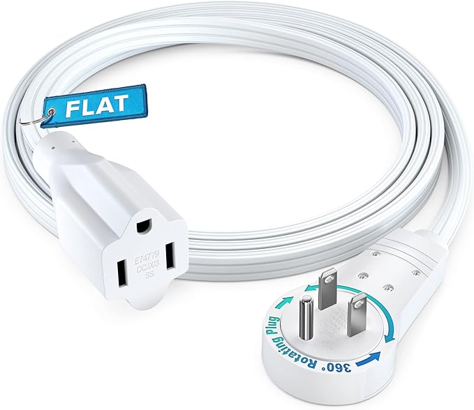 Maximm 360° Rotating Flat Plug Extension Cord 3 feet Under Carpet with Slim Space-Saving Plug Design, Low Profile Cord (White)