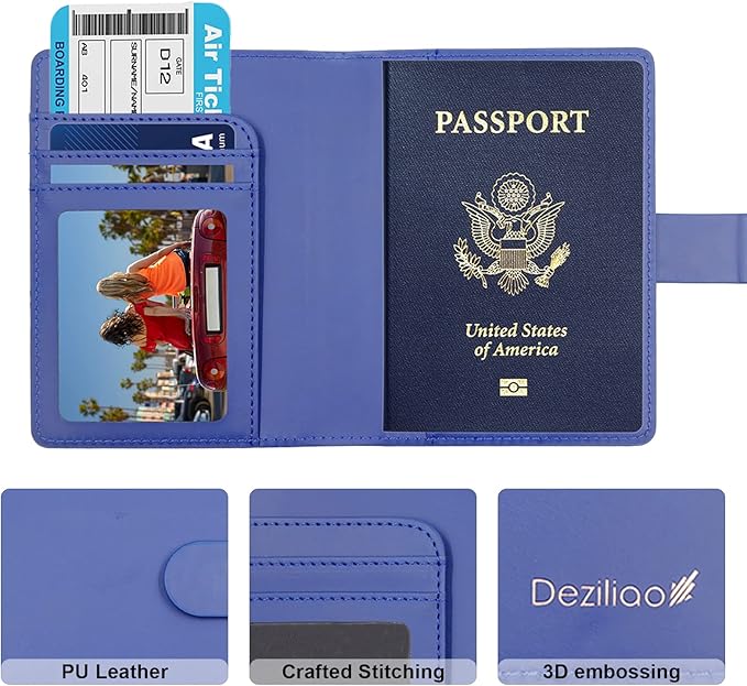 Deziliao Passport Wallet, Blue, Unisex, Faux Leather, Waterproof, Rfid Blocking, Slim, Lightweight, 20 Inch