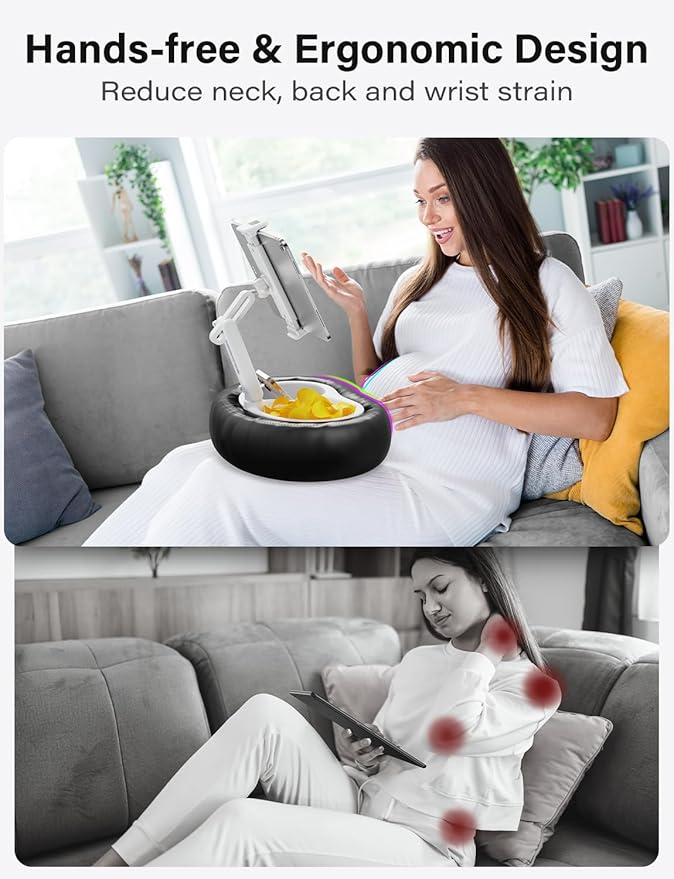 Tablet Kindle Pillow Stand Holder with 2 Trays Fit 4''-13'' Phone/Tablet/Kindle iPad Holder Stand for Bed with Soft PU Leather Reading Accessories Gift for Reading, Black