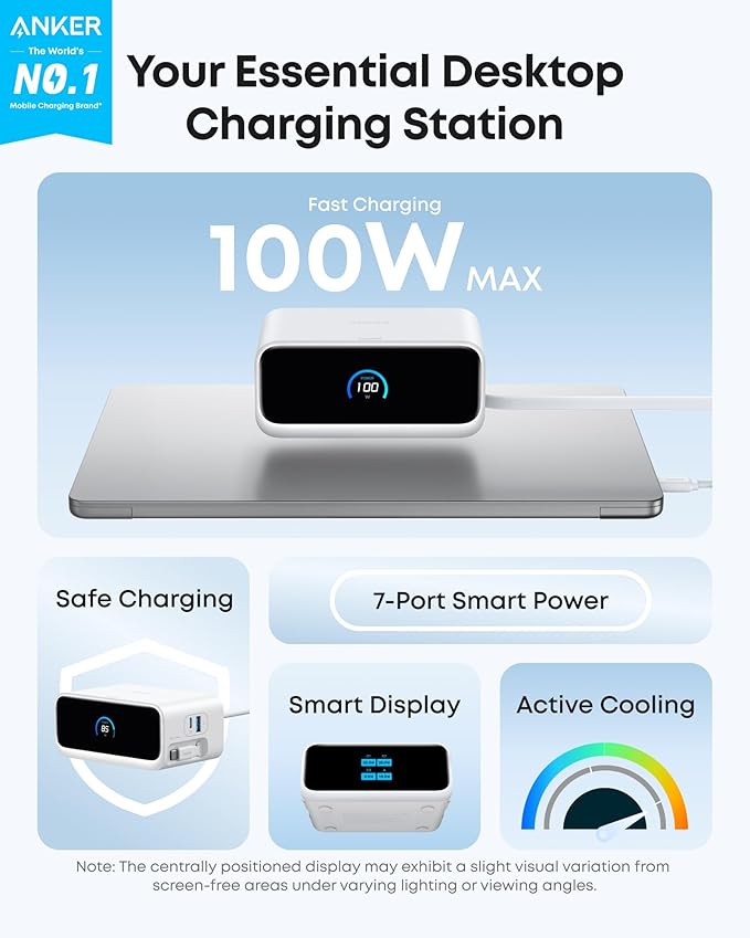 Anker Nano Charging Station, 7-in-1 USB-C Power Strip for iPhone 16, 2.3 ft Anker InstaCord Retractable Cable, 3 USB-C, 1 USB-A, 3 AC, 100W Desktop Fast Charging for MacBook, Home, Office(Non-Battery)
