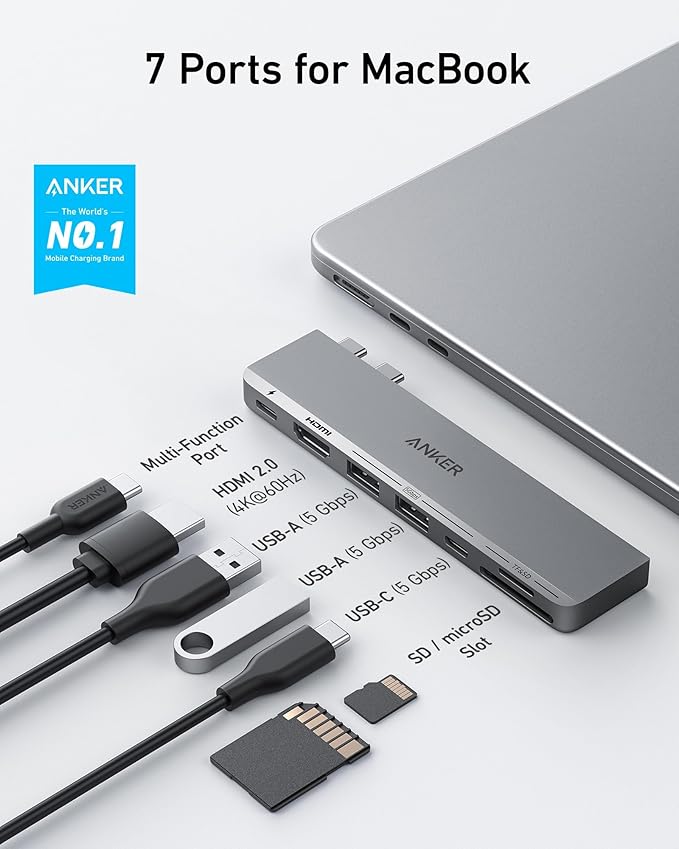 Anker USB C Hub for MacBook, 7-in-2 with 4K HDMI, Compatible with Thunderbolt 4, 1 Type C and 2 USB A Data Ports for MacBookPro 13 Inch, MacBookAir M1 / M2, and More