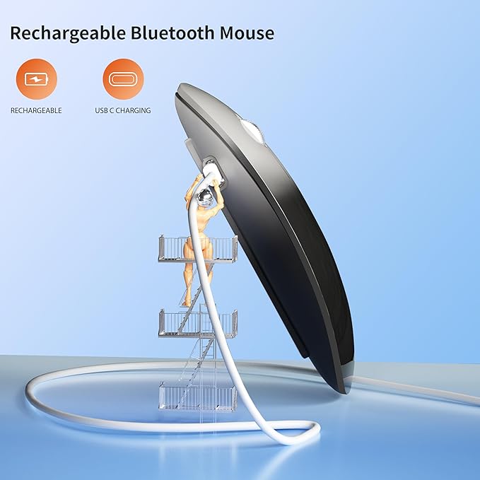 TENMOS M18 Bluetooth Mouse, USB C Rechargeable Wireless Mouse, Triple Mode (Dual Bluetooth+USB) Silent Mice Portable with USB Receiver and Type C Adapter for Laptop/MacBook/iPad - Grey and Black