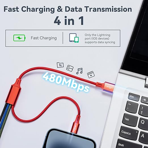 Short Multi Charging Cable, 1Ft/2Pack Multi Charging Cord, 4 in 1 Multiple USB Charger Cable,Fast Charging with IP/Type C/Micro USB Ports for Cell Phones/iPhone Series/Tablets/Galaxy/PS and More