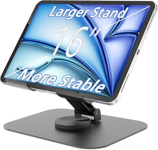 Larger Metal Tablet Stand, Adjustable 360° Rotation Tablet Holder Compatible with 4-16" Tablet Such as iPad Pro, iPad Air, iPad Mini, Tab S10 Ultra, Grey