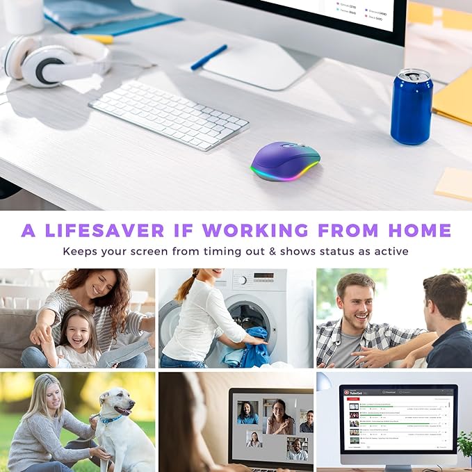 PEIOUS Wireless Mouse Jiggler - LED Wireless Mice with Build-in Mouse Jiggler Mover, Rechargeable Moving Mouse for Computer with Undetectable Random Movement Keeps Computer Awake - Gradient Purple