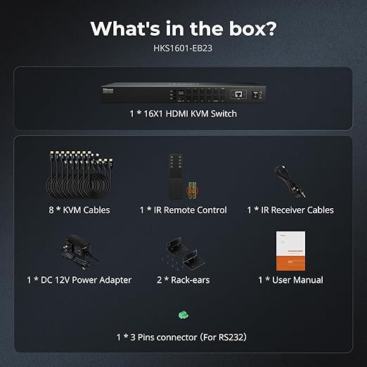 TESmart 16 Ports HDMI KVM Switch 4K@30Hz, 16X1 1U Rack Mount KVM USB2.0 EDID Emulator with 8 Pcs 5ft KVM Cable, Control up to 16 Computers/Servers, with RS232 & LAN Port