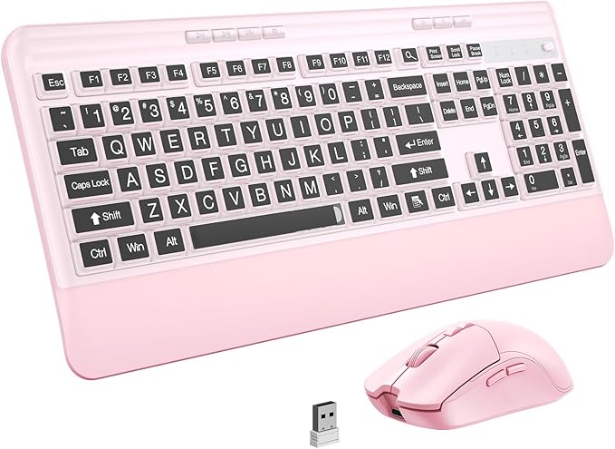 Silent Wireless Keyboard and Mouse Combo - Keyboard with Large Print Cover, 2.4GHz Full-Sized Ergonomic Keyboard with Wrist Rest and Mouse for Laptop, PC, Notebook, Desktop