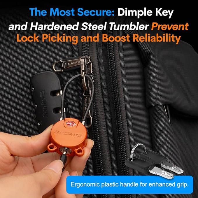 Forge TSA Approved Luggage Locks Ultra-Secure Dimple Key Cable Locks for Travel with Zinc Alloy Body- 2 Orange Locks