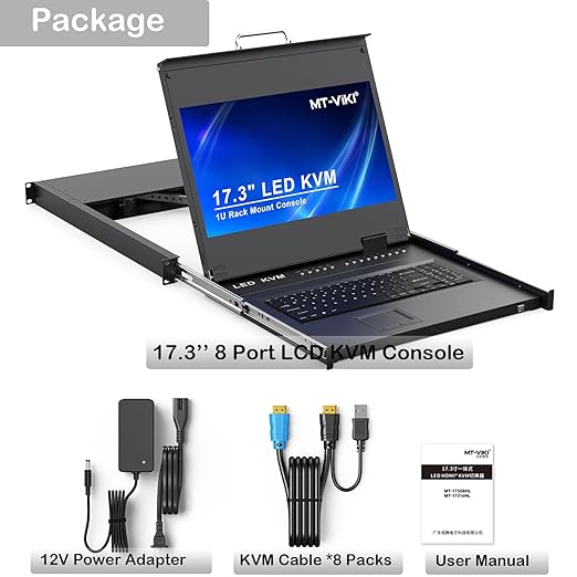 MT-VIKI® Rack Mount KVM HDMI with 17.3'' LCD Monitor, 1080P Support OSD/Hotkey, Included 8 KVM Cables+Keyboard + Touchpad, Fit 1U 19'' Rack