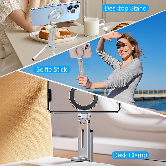 Magnetic Phone Tripod Stand for iPhone 16/15/14/13/12 Plus Pro Max Series, Aluminium Smartphone Mini Tripod Pocket Cellphone Stand, Adjustable and Foldable Magnetic Phone Holder Mountp