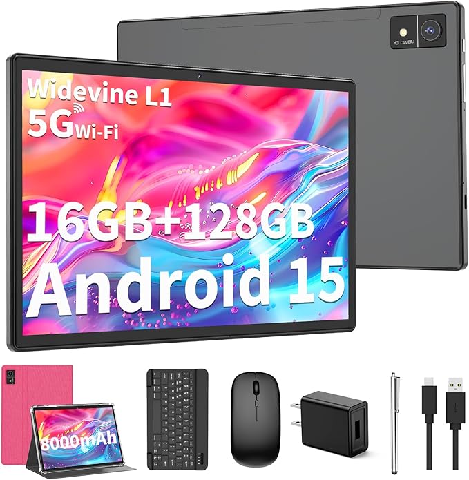 Android 15 Tablet with Keyboard - 10 inch Tablet, 16GB+128GB, 1TB Expand, Octa-Core, 2.4G/5G WiFi, 8000mAh, BT V5.0, GMS Certified, Widevine L1, Split-Screen, with Case, Mouse, Stylus(Pink)