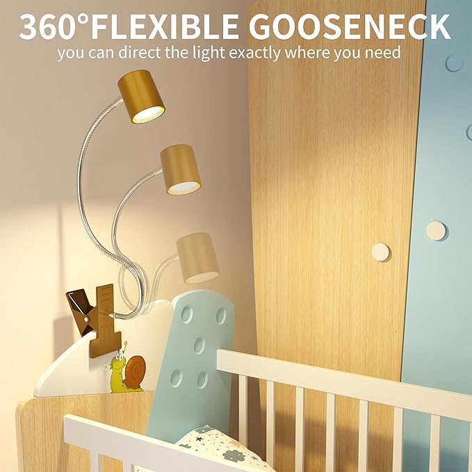 Dott Arts Desk Lamp,USB Clip On Light with 3 Color Modes,LED 10 Levels Brightness Reading Lamp, 360° Gooseneck Book Light,Eye-Care Reading Light for Home Office,Headboards Gold, DA-3.5W-01