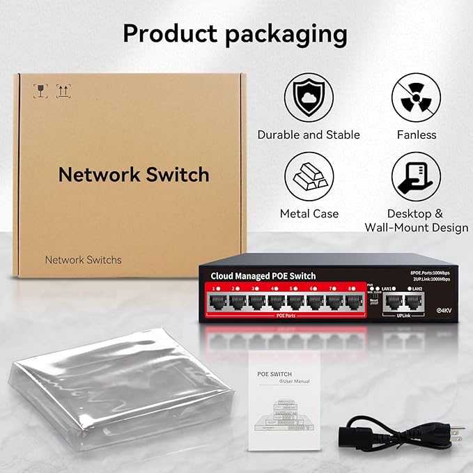 STEAMEMO PoE+ Switch, 8 Port Managed PoE Ethernet Switch(8 POE Ports +2 Uplink),120W Built-in Power, Support VLAN, QoS, Fanless Metal, Plug & Play (Desktop/Wall Mount)