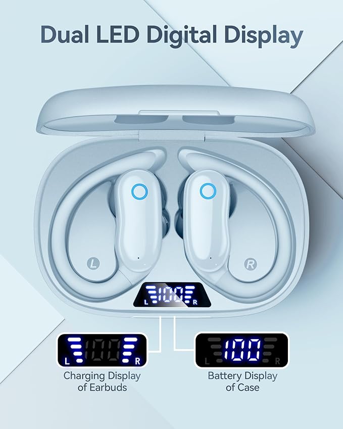 GNMN Ear Buds Wireless Earbuds 96hrs Playback Bluetooth Headphones IPX7 Waterproof Stereo Bass Over-Ear Earphones with Earhooks Microphone LED Battery Display for Sports Workout