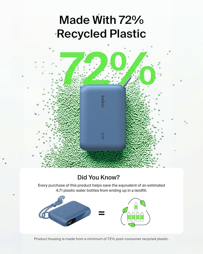 Belkin Portable Charger, Slim USB-C Power Bank 10,000mAh w/ 2 USB-C Ports, Digital Battery Display, 20W Charging Battery Pack - iPhone 17, Air, Pro, Samsung Galaxy S25, Pixel 10, iPad, & More - Blue