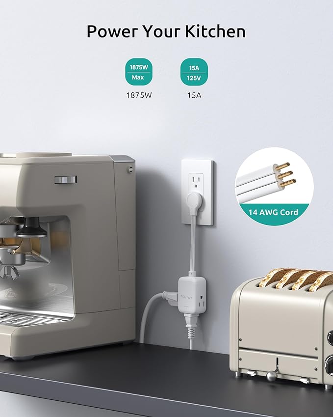 Short Extension Cord 6 Inch, ETL Listed, Flat Outlet Extender with 900J Surge Protector, 15A/1875W, 3 Way Multi Plug Outlet Splitter for Kitchen Bathroom Office Tight Spaces, White