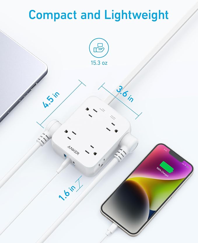 Anker Surge Protector Flat Plug Power Strip 2000J, 5ft Thin Extension Cord, 8 Outlets,2 USB A and 1 USB C Port,20W for iPhone15,Wall Mount,Compact for Home,Office,Room,TUV Listed