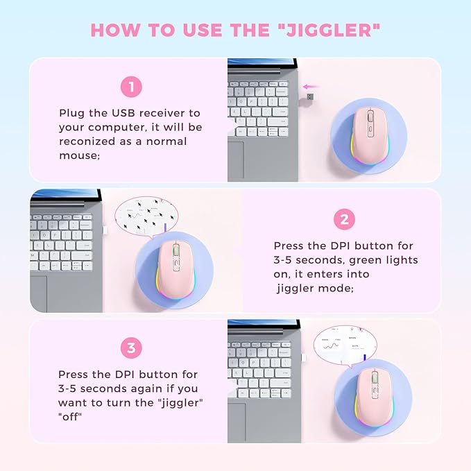 PEIOUS Mouse for Laptop, Wireless Mouse Jiggler - LED Wireless Mice with Build-in Mouse Jiggler Mover, Rechargeable Moving Mouse for Laptop Undetectable Keeps Computer Awake - Pink