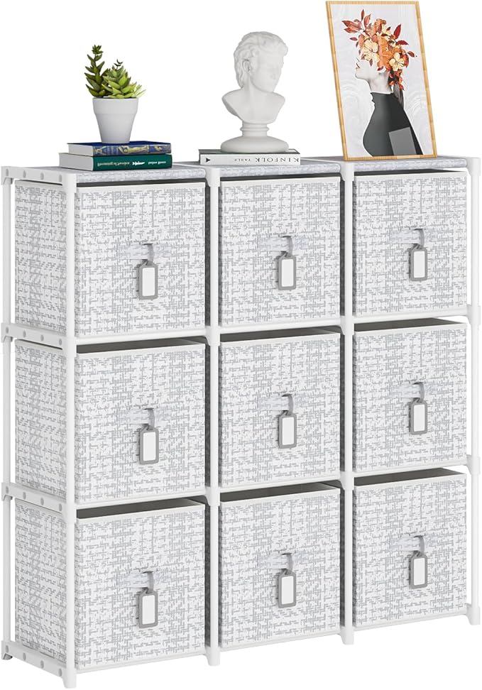 9 Cube Storage Organizer with Printed Drawers, Toy Cubby Storage for Closet, Living Room, Dorm - White