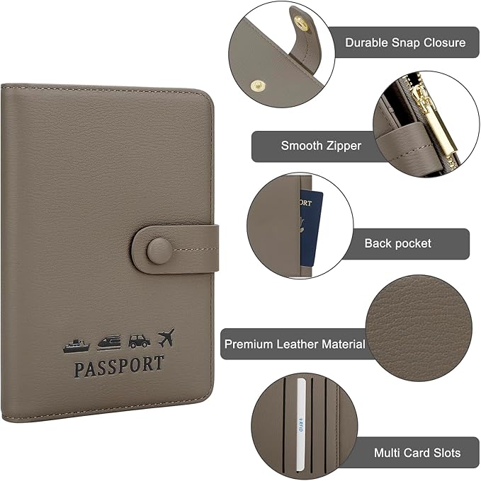DOB SECHS Passport Holder Wallet for Women, Leather RFID Blocking Passport Cover Credit Cards Case Women Travel Accessories Organizer Pouch Bag with ID Window+Zippered Cash Pocket+SIM Slots, Grey