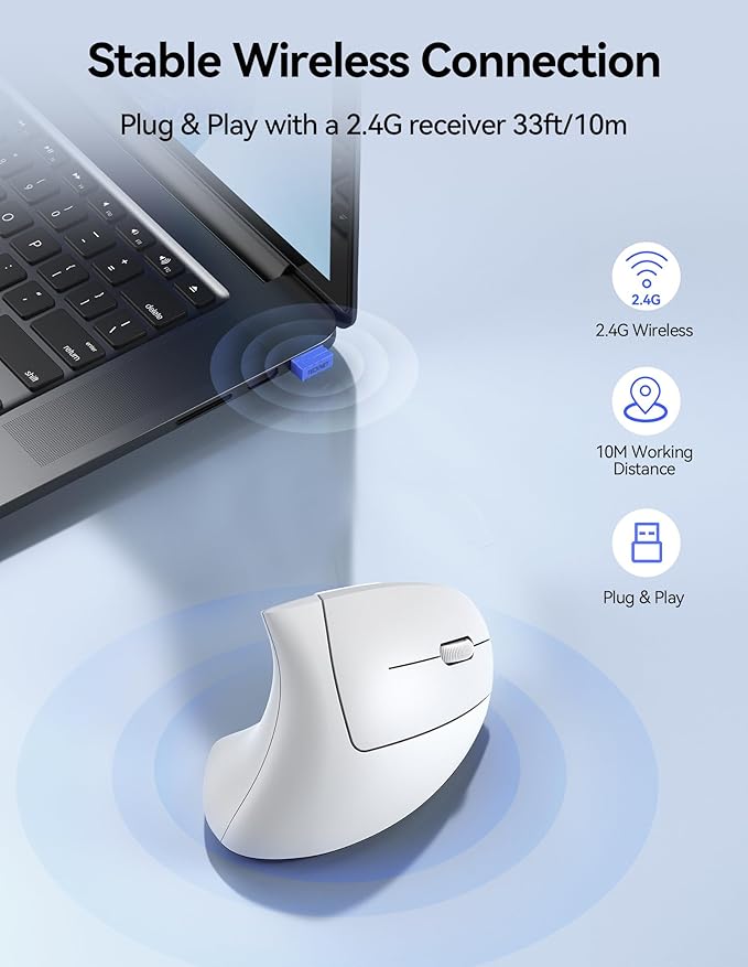 TECKNET Ergonomic Mouse, Rechargeable Vertical Ergo Mouse Wireless, Silent 2.4GHz 6 Buttons Optical Carpal Tunnel Mouse, 5 Adjustment Levels, Up to 4800DPI Wireless Mouse for Laptop, Desktop - White
