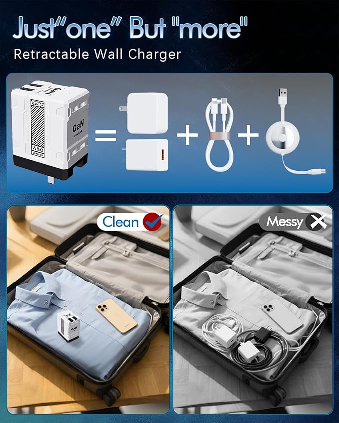 W&O 45W GaN Charger Fast Charging,Retractable Phone Charger Wall Plug with Lightening and Type-C Cables,for iPhone16/15/14/13/12/11 Series, Galaxy S25 24,Android and More (White)