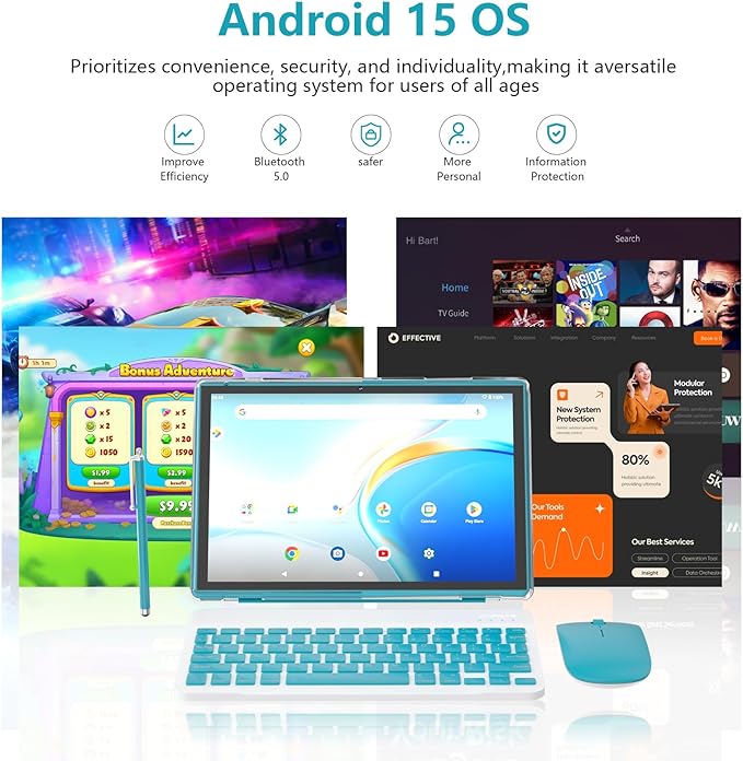 Android 15.0 10Inches Tablet, 18GB RAM+128GB ROM+2TB Expandable, Tab Set with Keyboard/Case/Mouse/Stylus, 2.0GHz Quad-core Processor, 1280 * 800 IPS HDScreen, 5G WiFi6 BT 5.0 (Blue)