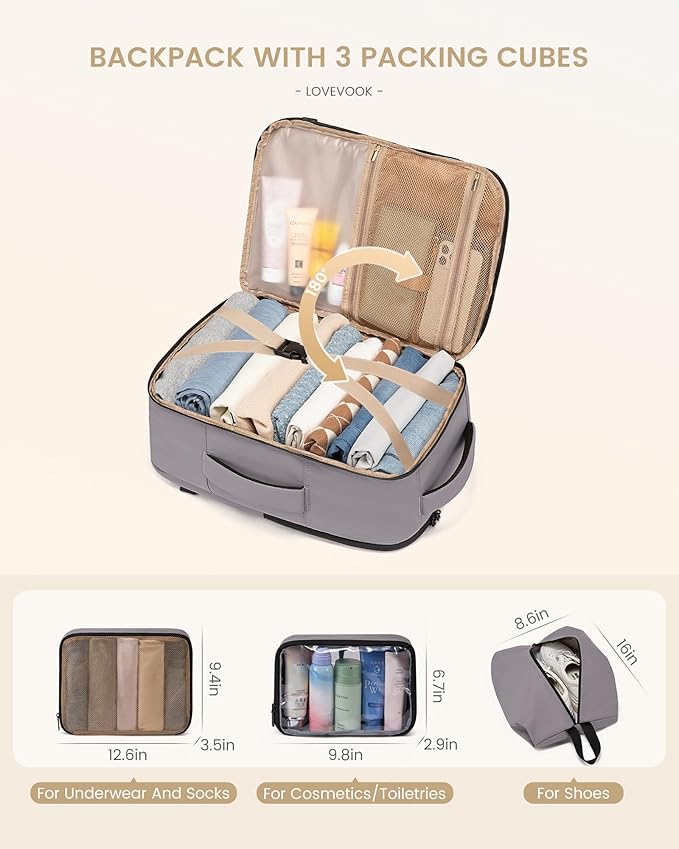 LOVEVOOK Travel Backpack for Women & Men, 50L Large Carry On Backpack Airline Approved, TSA Personal Item Weekender Bag, Water Resistant Laptop Backpacks with 3 Packing Cubes for Travel Essentials