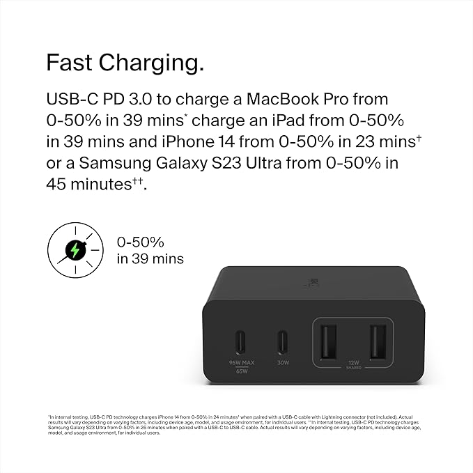 Belkin Charger Station 108W GaN - 2X USB-C and 2X USB-A Ports - Fast Desktop Charger Dock Hub for iPhone 17, Air, Pro, Apple Watch, iPad, MacBook, Samsung Galaxy S25, Nintendo Switch 2 - Black