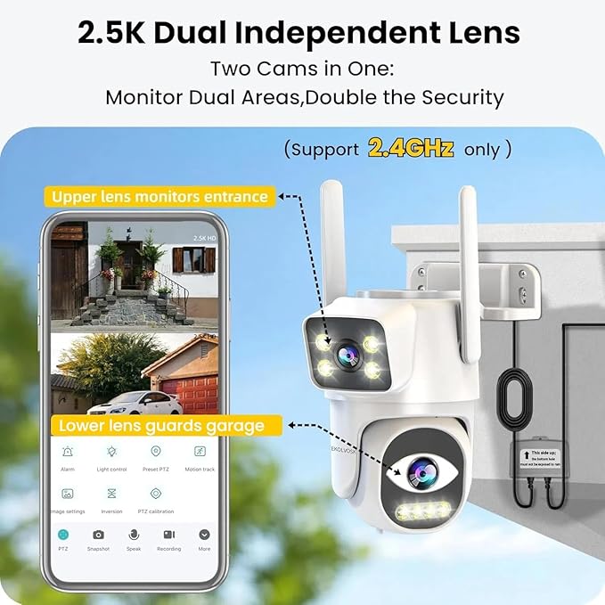 Security Cameras Outdoor Wireless,Dual Lens WiFi Cameras for Home Security, Auto Tracking Light Alarm & Color Night Vision,Two-Way Audio, Plug-in Cable,Water Proof for Outdoor