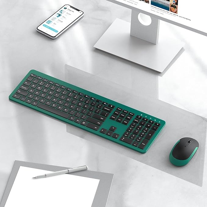 Wireless Keyboard and Mouse Combo - Full Size Slim Thin Wireless Keyboard Mouse with Numeric Keypad 2.4G Stable Connection Adjustable DPI (Dark Green)
