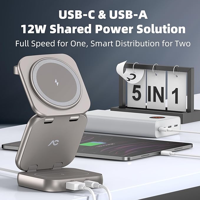 5-in-1 Wireless Charger for MagSafe, AC ISLAND Portable Travel Charging Station, 15W Max Fast Foldable Magnetic Stand, Evolved for iPhone 17/16/15/14/13 Series, Apple Watch, AirPods (with 35W Adapter)