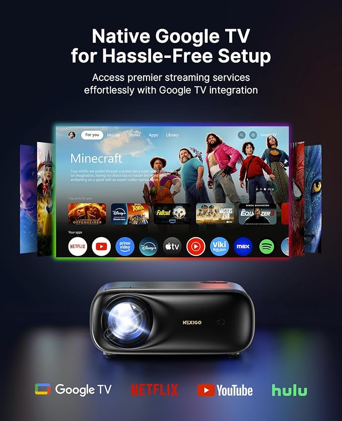 NexiGo PJ40 Pro Google TV Projector, Native 1080p, 4K Support, AI Image Enhancement, 800 ANSI Lumens, Smart Projector with Auto Keystone, 20 W Speakers, Backlit Remote, Wi-Fi & Bluetooth