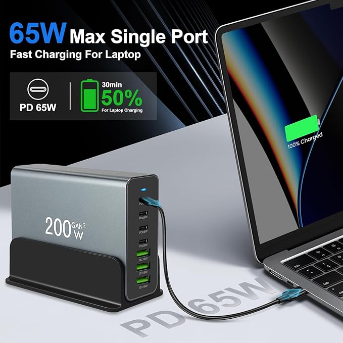 200W Multiple USB Charger Station, 7-Ports Aluminum Alloy USB C Charger Block with Max PD 65W, 4 PD Type-C, 3 QC A Ports Fast Charging Block, USB Charging Hub for Phones,Tablets,Laptop