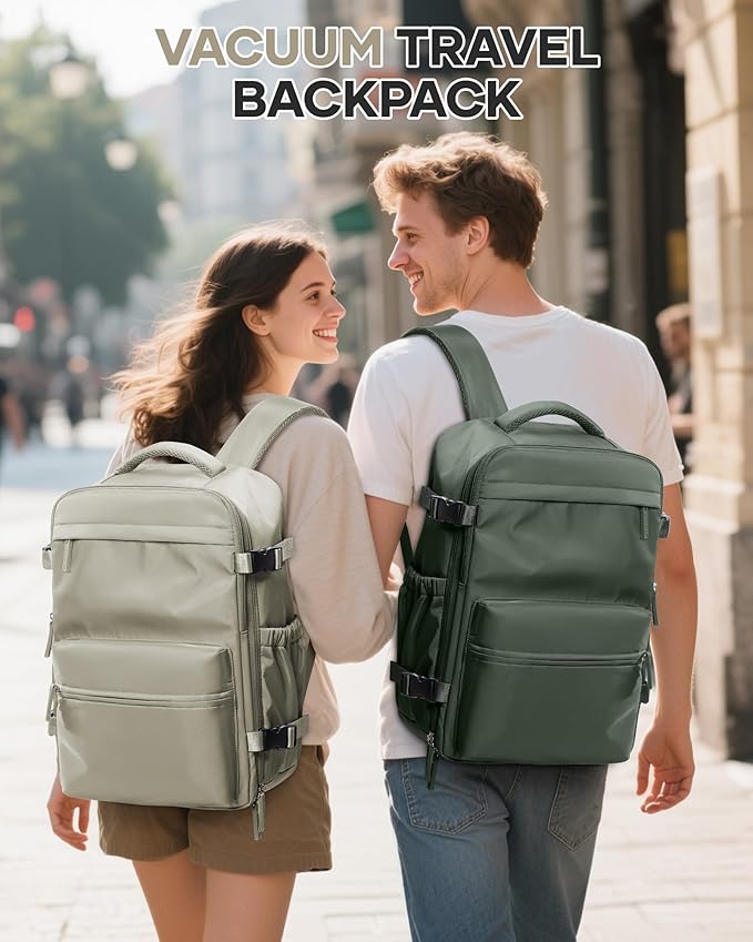 Vacuum Travel Backpack with Pump for Women,Personal Item Carry on Backpacks Flight Approved 18x14x8 inches for Men,Laptop Waterproof Work Compression bags Casual Daypack GreyBrown