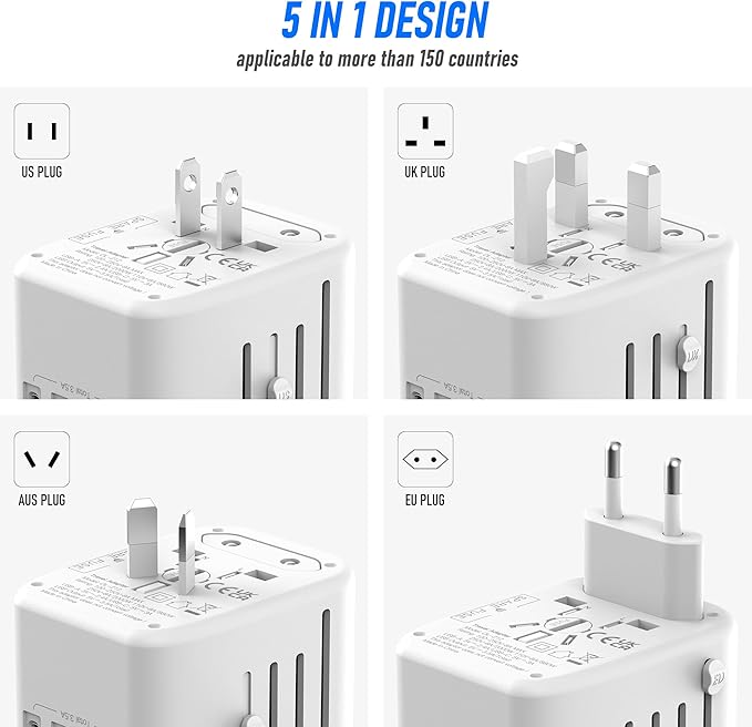 Universal International Power Travel Plug Adapter, 5 in 1 European Travel Plug Adapter W/ 3.5A 2xUSB-A and 2xUSB C Wall Charger and Worldwide AC Outlet for Europe USA UK AUS Asia (White Grey)