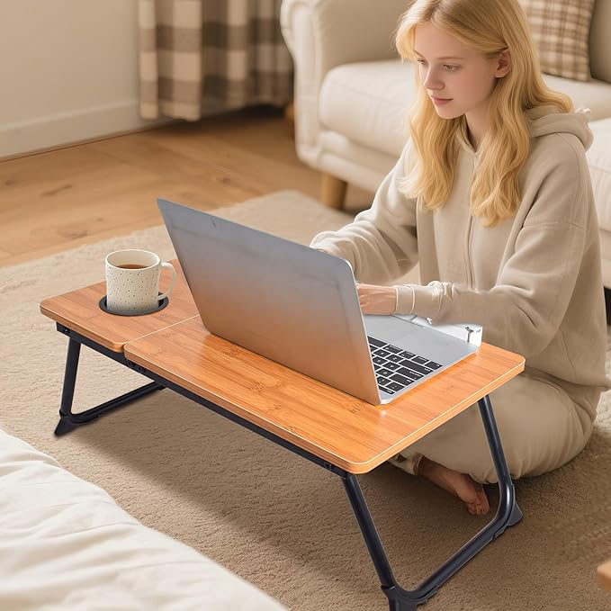 Adjustable Laptop Bed Table with Book Stand, Portable Reading Desk with Side Panel, Wood Grain