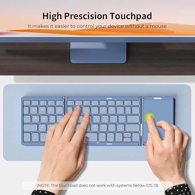 seenda Foldable Bluetooth Keyboard for Travel, Tri-Folding Wireless Rechargeable Multi-Device Portable Keyboard with Touchpad, for Laptop iPad Tablet PC Smartphone Windows iOS Android, Blue