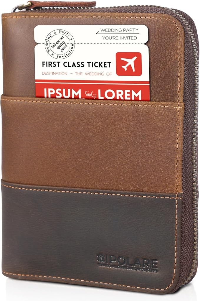 Polare Full Grain Leather Travel Passport Wallet with YKK Zipper and RFID Blocking Document Organizer Holder 2 Passports (Cocoa Brown)