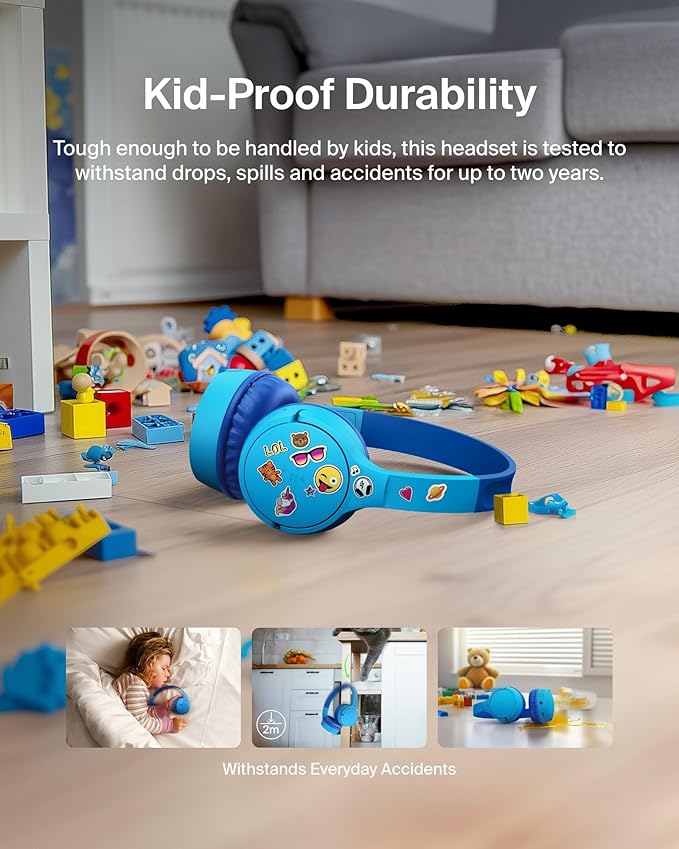 Belkin SoundForm Mini - Wireless Bluetooth Kids Headphones, 30H Battery, 85dB Safe Volume Limit, Built-in Microphone - Toddler On-Ear Earphones for iPhone, iPad, Fire Tablet, Ideal for School - Blue