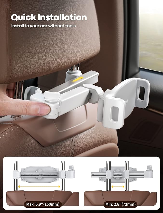 Lamicall Car Headrest Tablet Holder - [Extension Arm] Upgrade Adjustable Tablet Car Mount for Back Seat, Road Trip Essentials for Kids, for 4.7-11" Device like iPad Pro, Air, Mini, Galaxy, Fire, White
