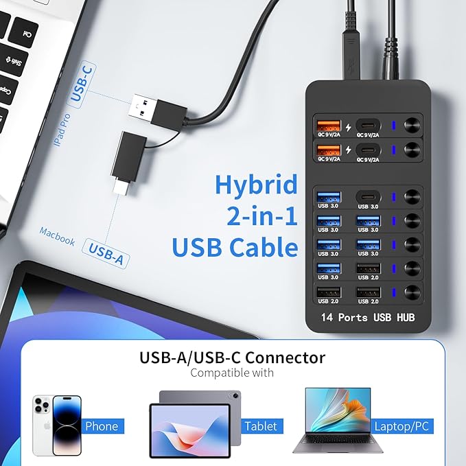 Powered USB Hub, 14 Ports USB Splitter with Individual Power On/Off Switches, 60W Power Adapter for Mac, PC, and More
