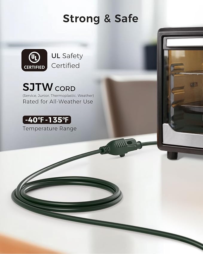 [UL Listed] Cable Matters 2-Pack 16 AWG Heavy Duty 13A Power Extension Cord - 10ft, 3 Prong Power Cord Extension, NEMA 5-15P to NEMA 5-15R, Green