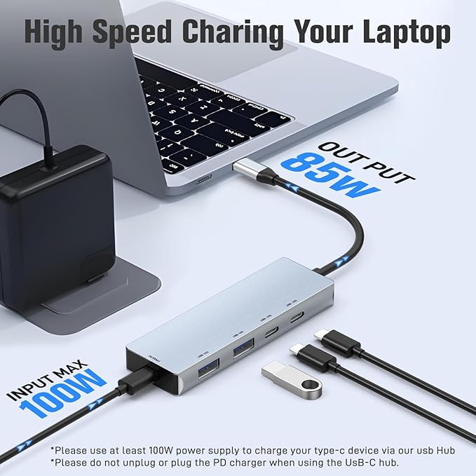 USB 3.2 Hub 10Gbps, 2 USB-C 3.2 and 2 USB-A 3.2,PD 100W Fast Charging for MacBook Pro, MacBook Air, Acer Laptops, HP Laptops, iPad Pro More.(Frosted Silver)