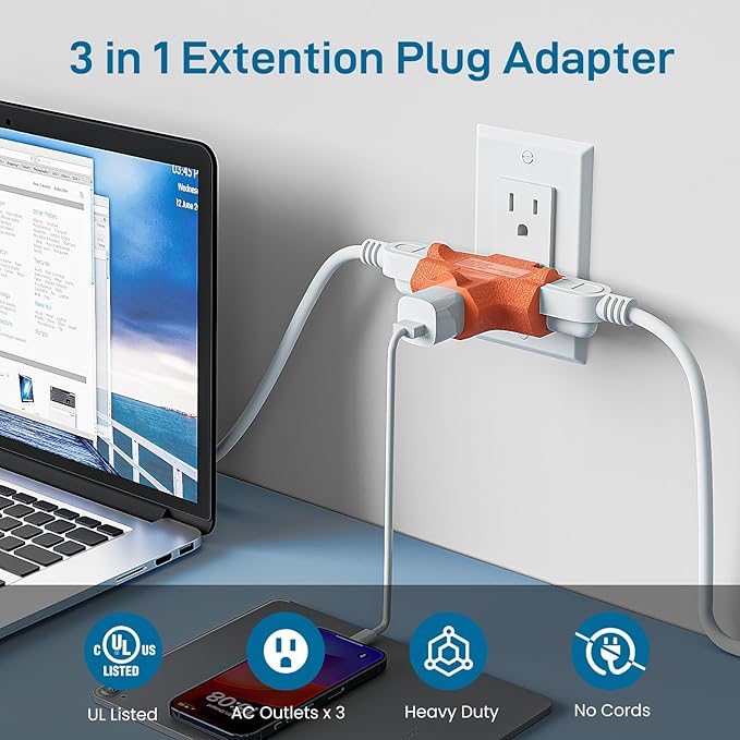 K KASONIC - 3-Outlet Grounding Adapter, [UL Listed] Plug Extender, Heavy-Duty Grounded Power Tap - 3 Pack (Orange)