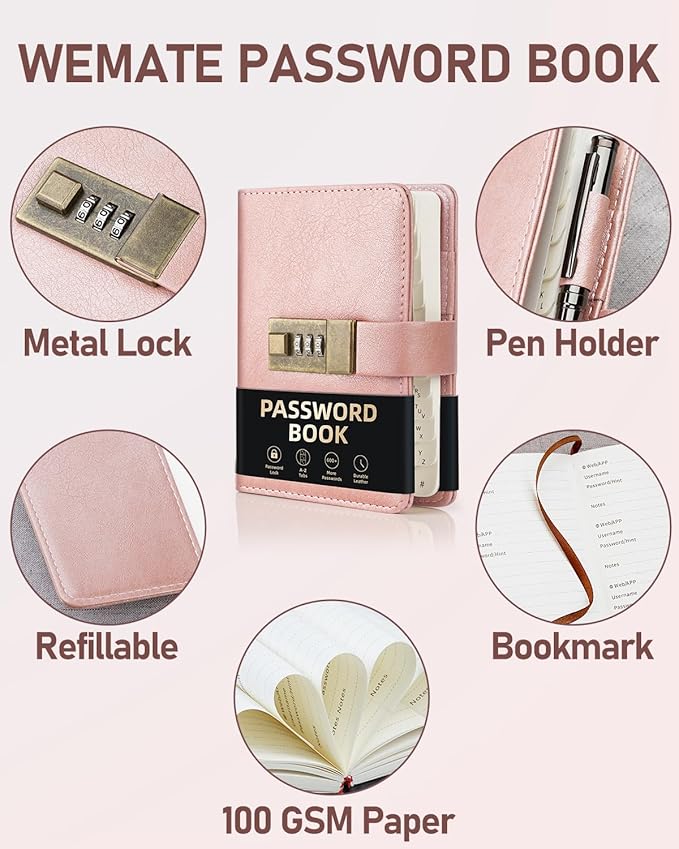 WEMATE Password Book with Lock, Password Book with Alphabetical Tabs 600+ Password Space,Password Organizer Logbook with Lock, Password Keeper for Computer & Website Logins 4.33 X 6.18 Inch Rose Gold