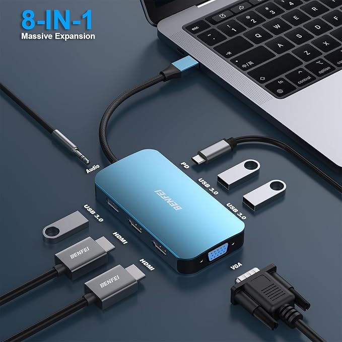 BENFEI USB C Docking Station, 8-in-1 USB C Hub with Triple Display Dual HDMI, VGA, 3*USB 3.0, 100W Power Delivery, 3.5mm AUX Audio Compatible with MacBook Pro, XPS and More