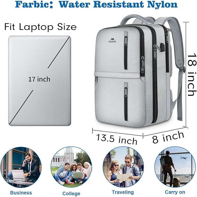 MATEIN Travel Backpack for Women & Men, Airline Approved Carry on Backpack for Airplanes with Shoe Compartment, Large Personal Item Travel Bag fits 17" Laptop, Water Resistant Weekender Daypack, Gray