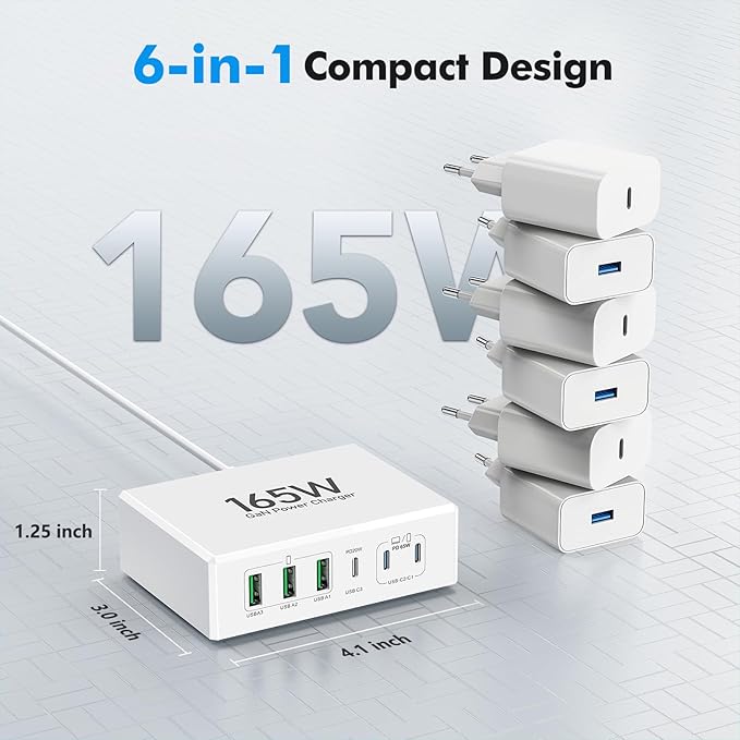 165W USB C Charging Station Hub, 6 Port PD GaN Fast Wall Charger Block Type C Laptop Power Adapter Charger Cube Brick for MacBook Pro/Air,iPad Pro,iPhone 13 14 15 16 17, AirPods4，watch10 ultra2