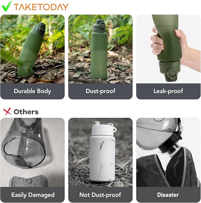 TakeToday Collapsible Water Bottles 32oz, Foldable Travel Water Bottle, BPA Free, Silicone Water Bottle Leakproof for Hiking, International Travel, Outdoors